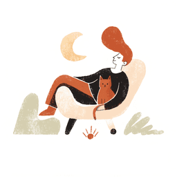 Illustration av en person som vilar i en fåtölj under en måne