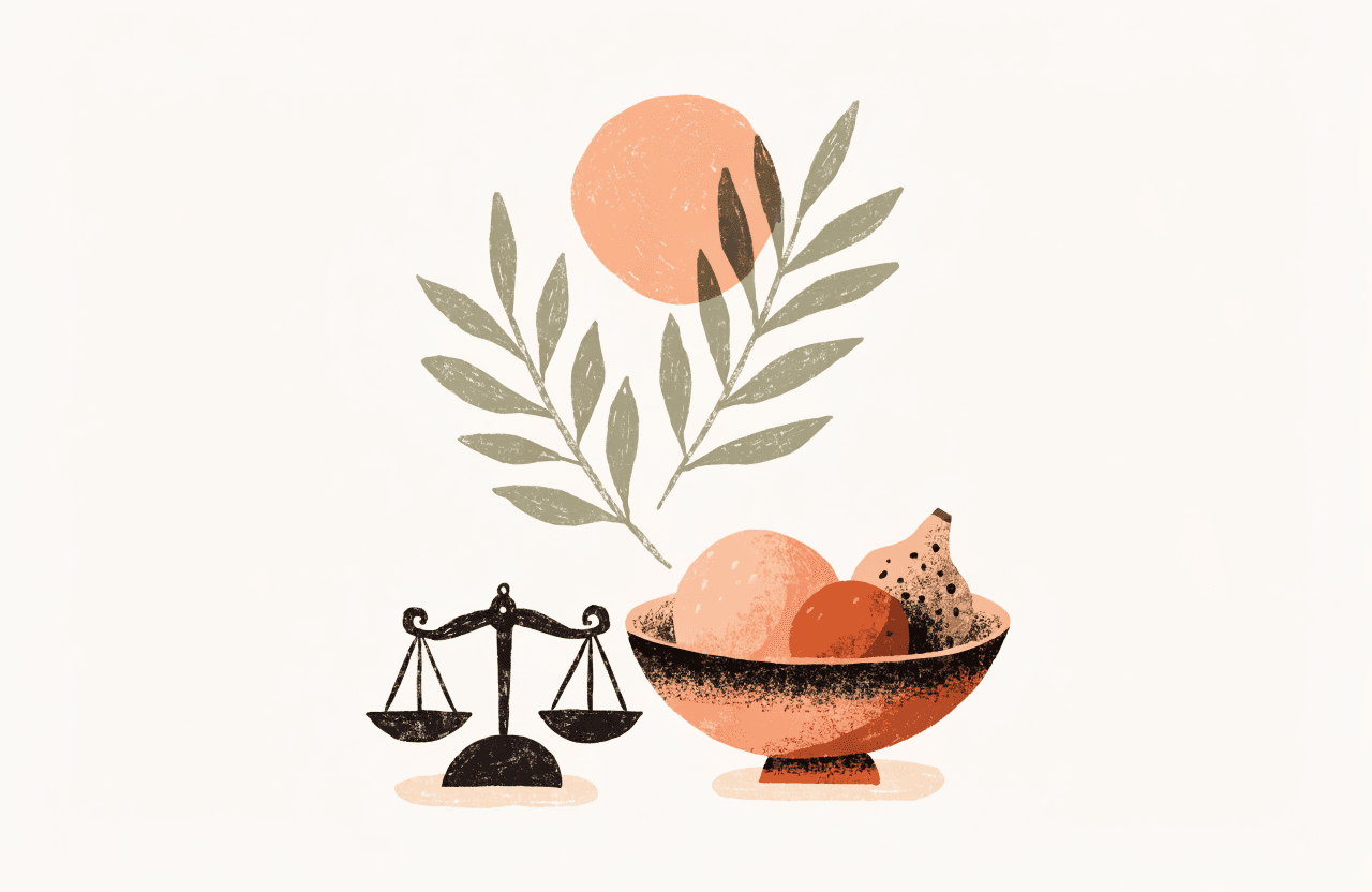 Illustration: en balansvåg, en skål med frukt och en gren i varma jordtoner