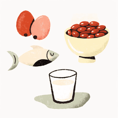 Illustration av proteinrika livsmedel: ägg, fisk och bönor